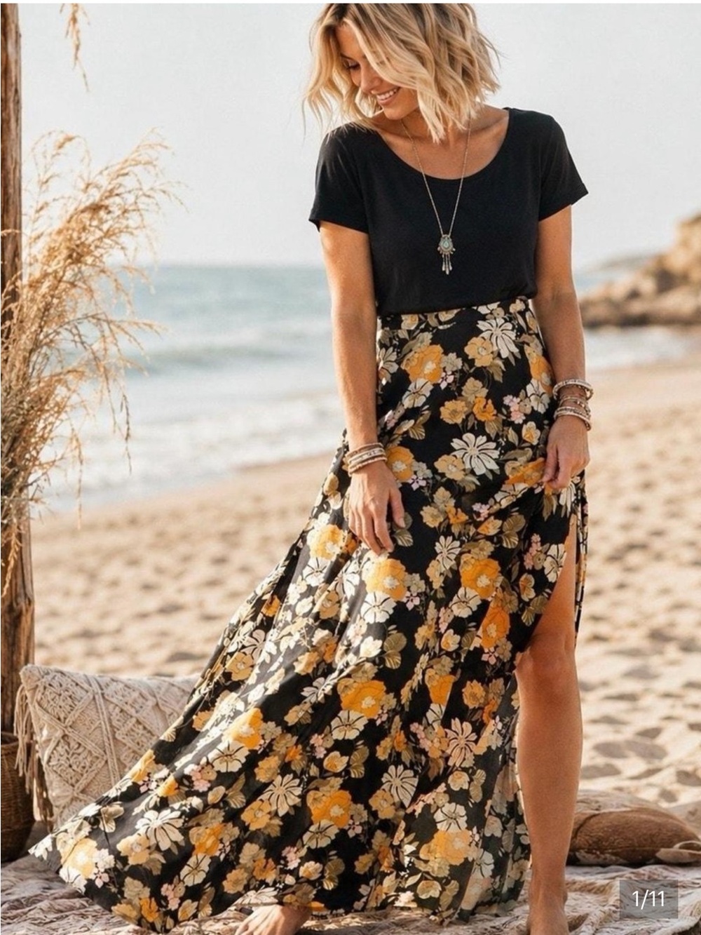 NATURAL LIFE Black Marigold Side Slit Maxi Skirt